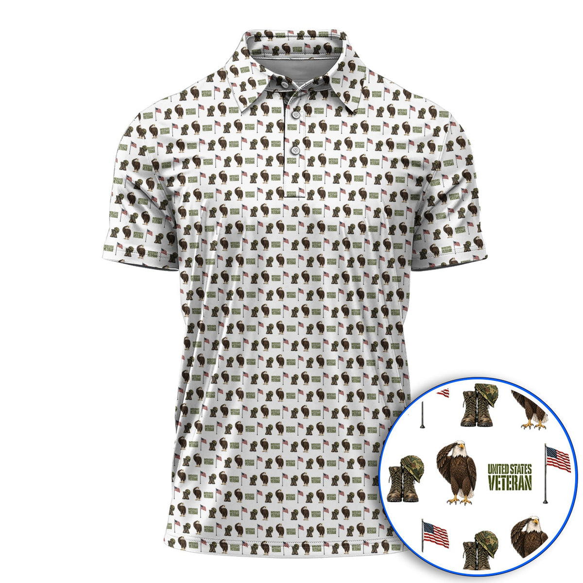 United States Veteran Pattern Golf Shirt, American Eagle & Military Tribute Golf Polos, Patriotic USA Veteran Gift for Golfers