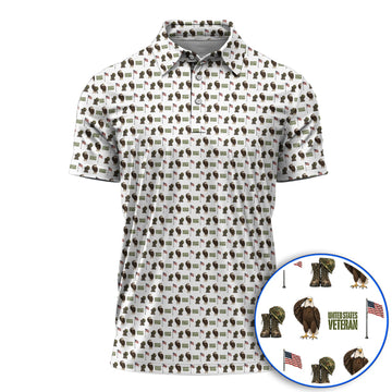 United States Veteran Pattern Golf Shirt, American Eagle & Military Tribute Golf Polos, Patriotic USA Veteran Gift for Golfers