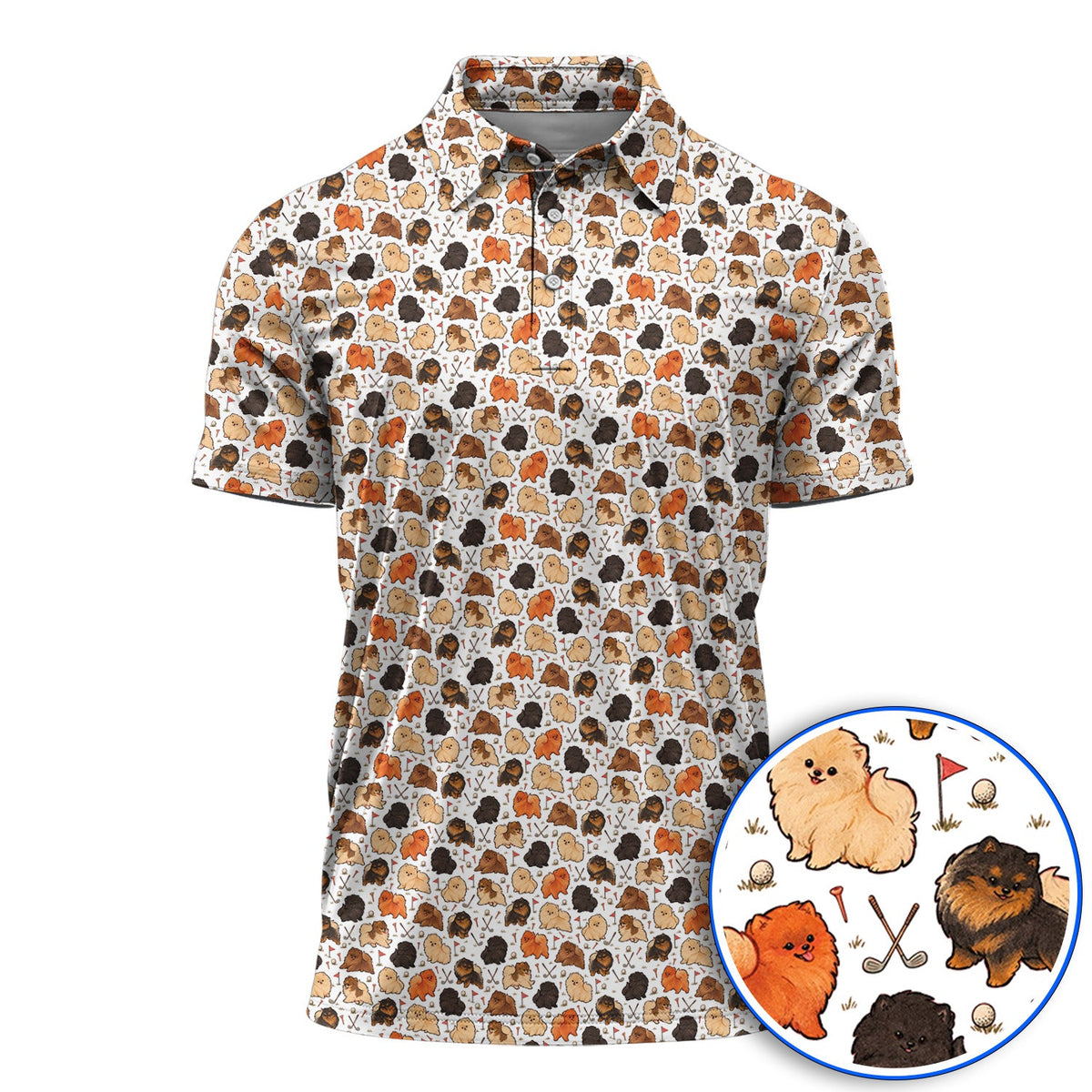 Funny Pomeranian Golf Polos, Pom Dog & Golf Pattern Shirt, Golf Gift For Golfer