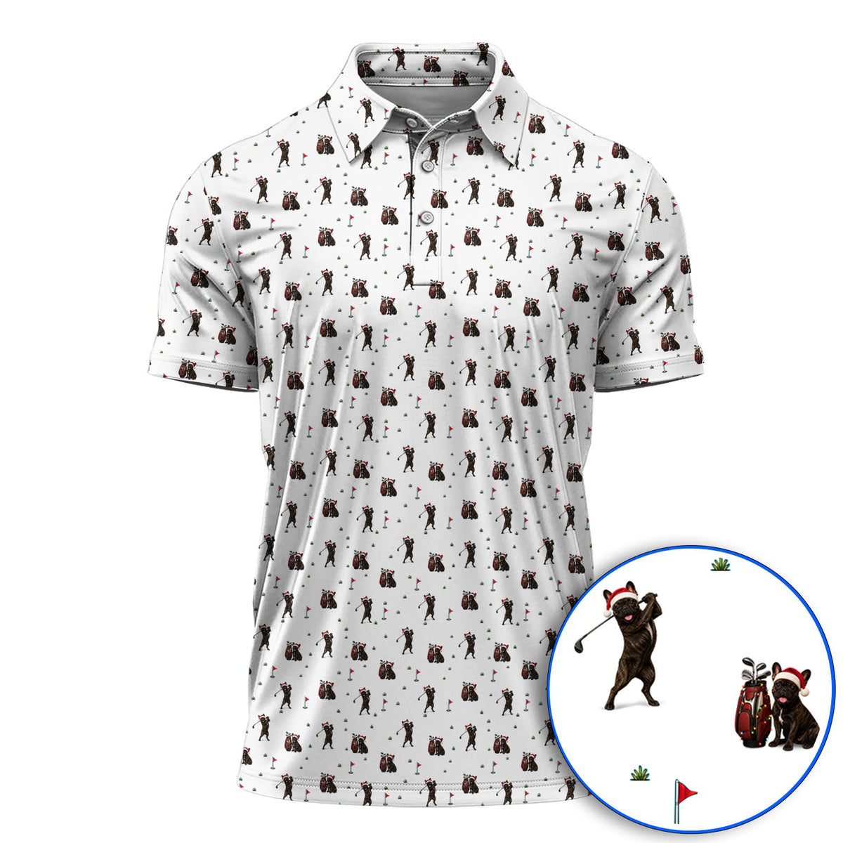 Christmas French BullDog Golfer Polos, Xmas French BullDog Golf Pattern Shirt, Holiday Golf Gift for Golfers