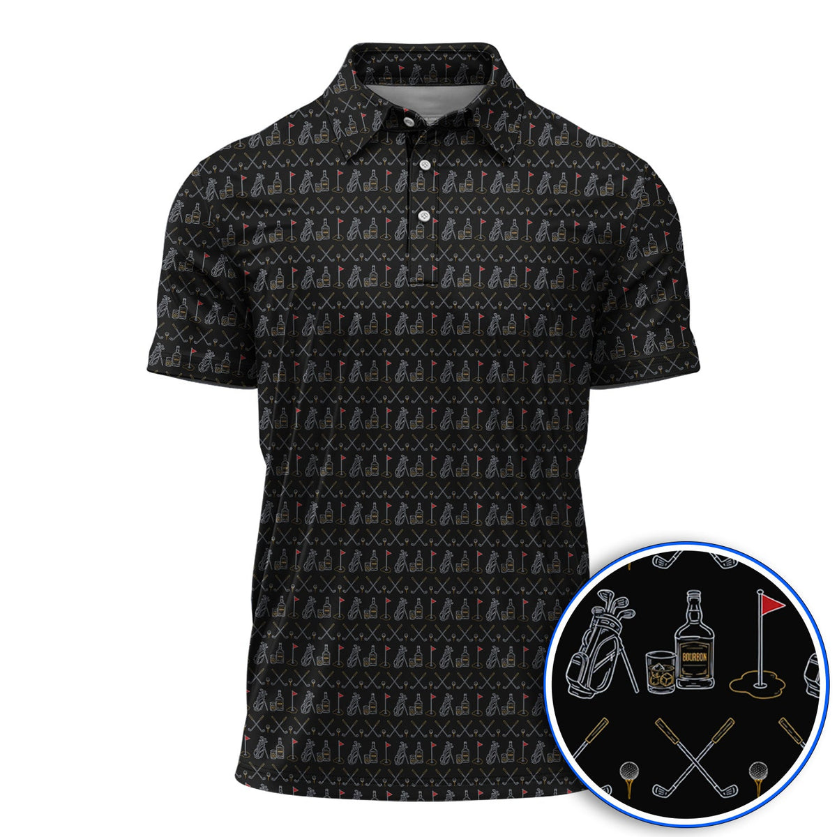 Bourbon Golf Shirt, Whiskey & Golf Club Pattern Polos, Classic Gift For Bourbon Loving Golfers