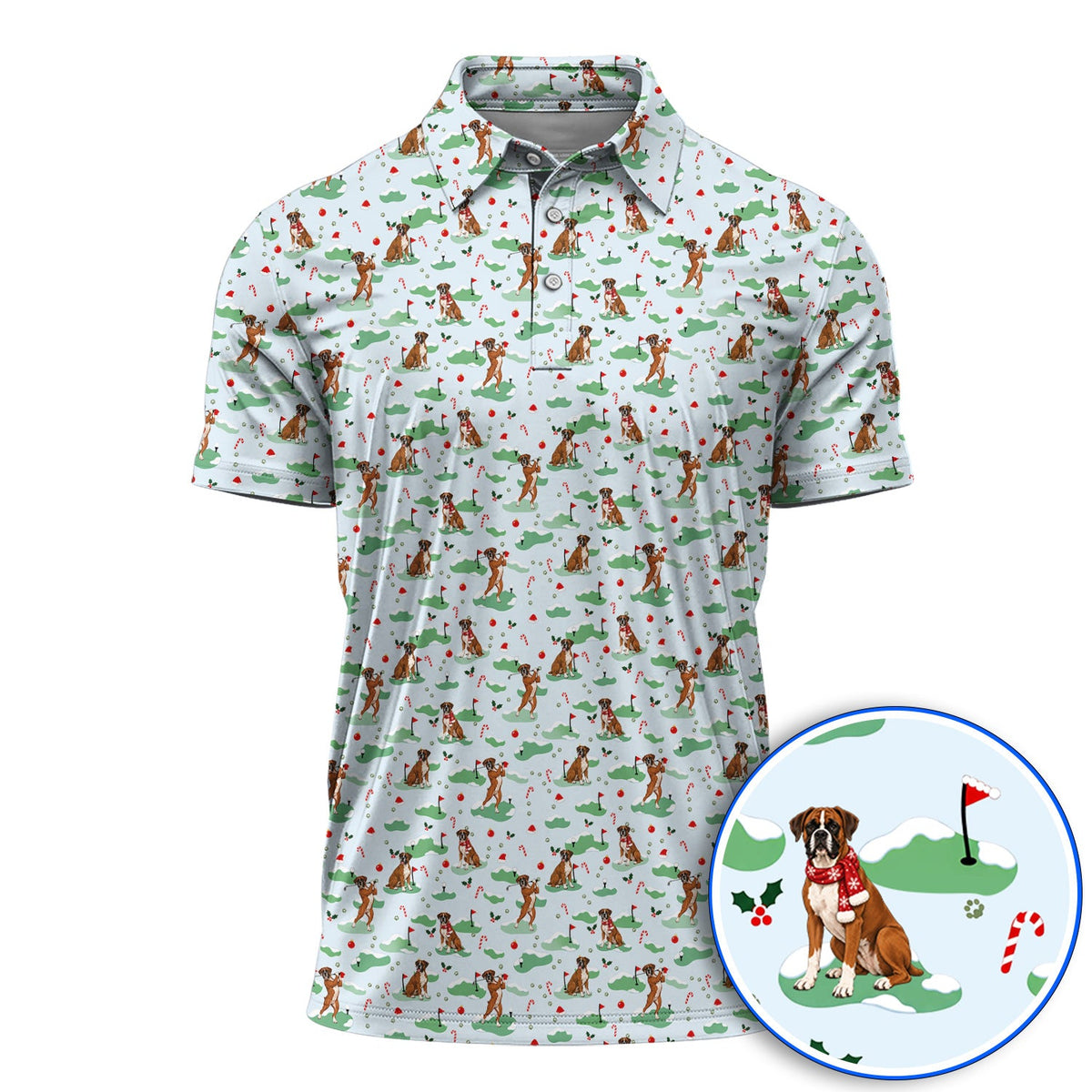 Funny Boxer Christmas Golf Shirt, Xmas Boxer Dog Pattern Golf Polos, Golf Gift For Golfer