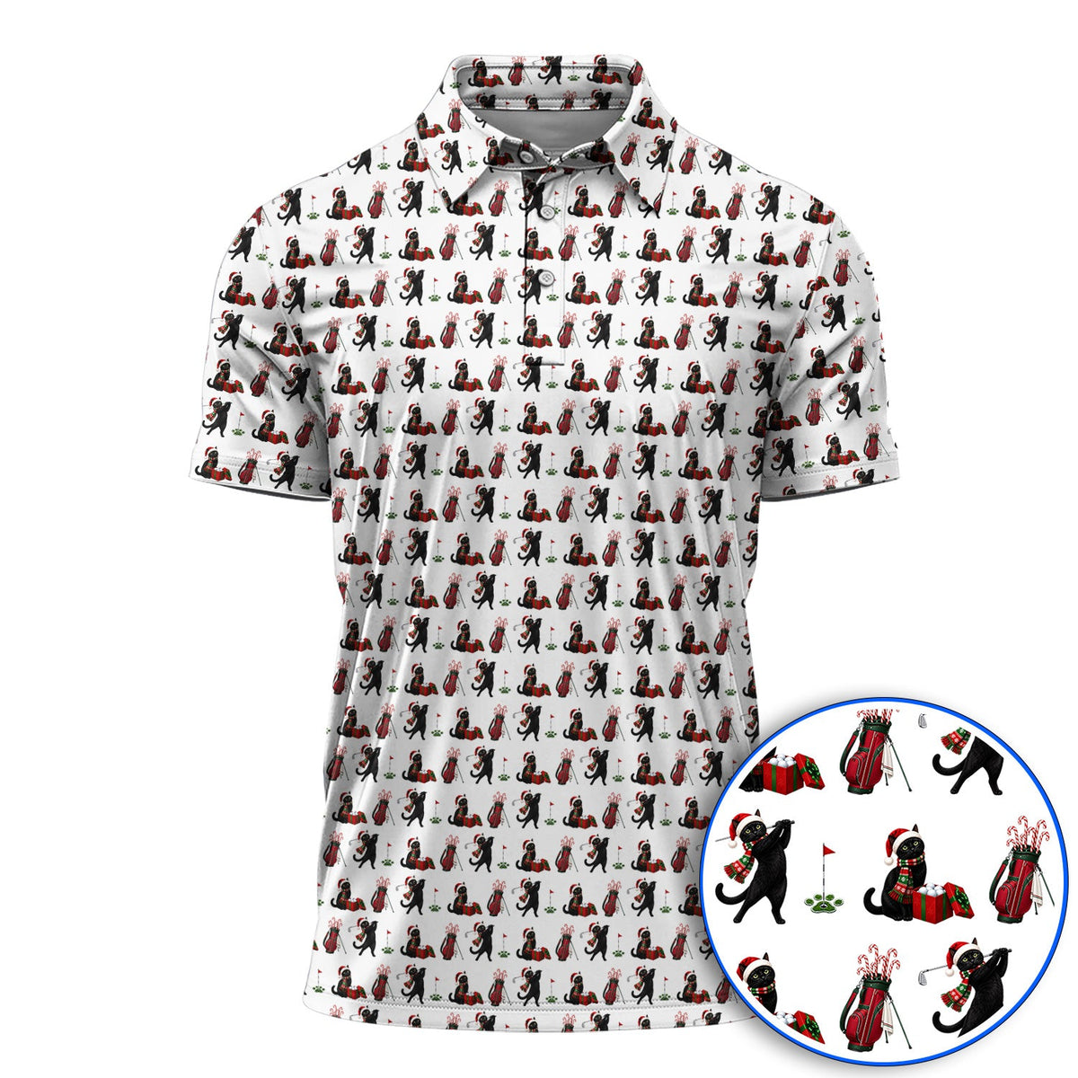Black Cat Christmas Golf Polos, Festive Cat Patterm Golf Shirt, Funny Holiday Golf Gift For Golfer
