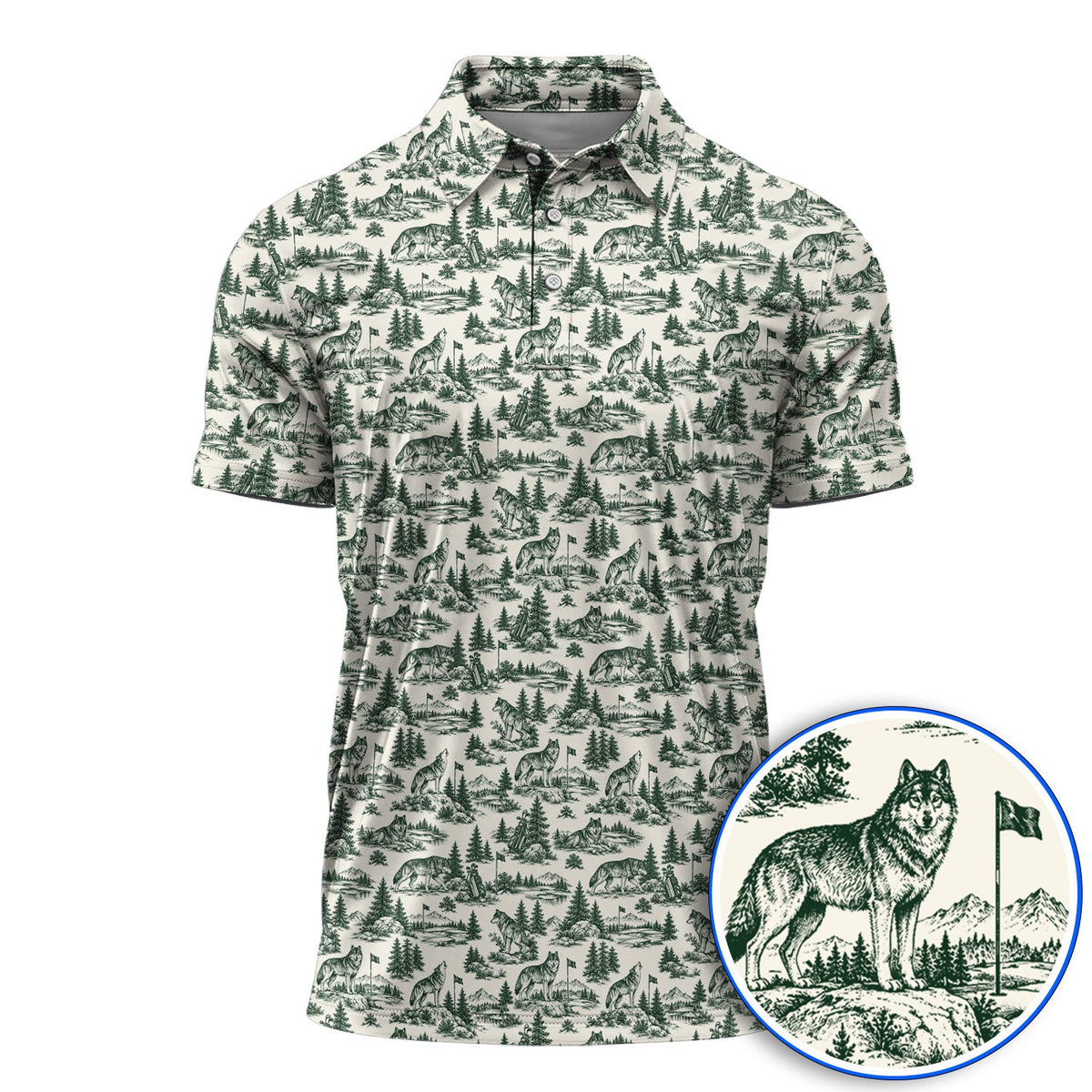 Vintage Wolf Golf Polos, Wilderness Wolf Pattern Golf Shirt, Nature Inspired Golf Gift for Golfers