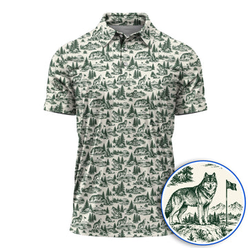 Vintage Wolf Golf Polos, Wilderness Wolf Pattern Golf Shirt, Nature Inspired Golf Gift for Golfers