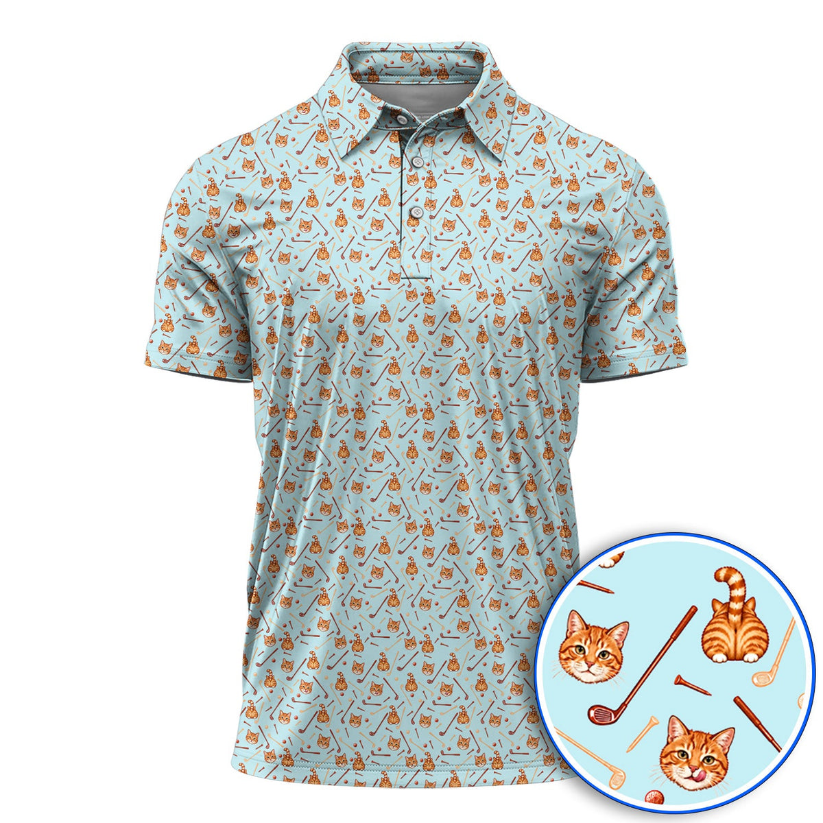 Orange Tabby Cat Golf Shirt, Funny Cat Butt & Golf Pattern Polos, Unique Golf Apparel Gift for Cat Lovers