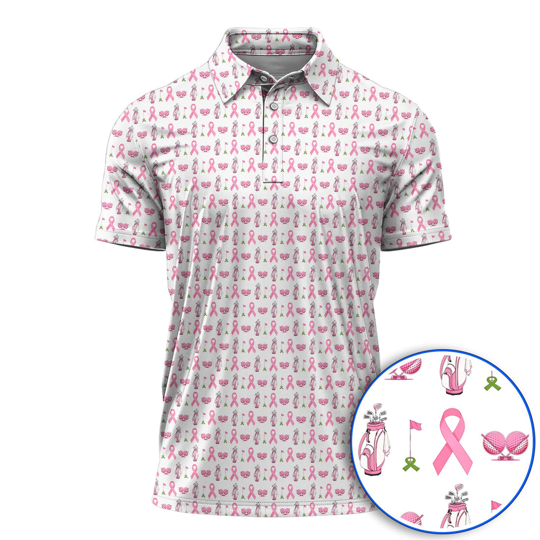 Breast Cancer Pattern Golf Polos, Pink Ribbon Golf Shirt for Golf Lovers, Support Breast Cancer Awareness Gift