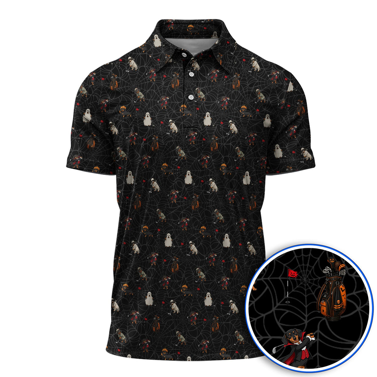 Spooky Dachshund Pattern Golf Polos, Halloween Vampire Wiener Dog Shirt, Crazy Golf Gift For Golfer