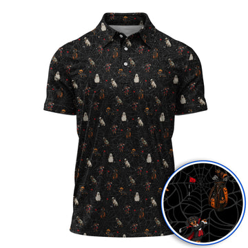 Spooky Dachshund Pattern Golf Polos, Halloween Vampire Wiener Dog Shirt, Crazy Golf Gift For Golfer
