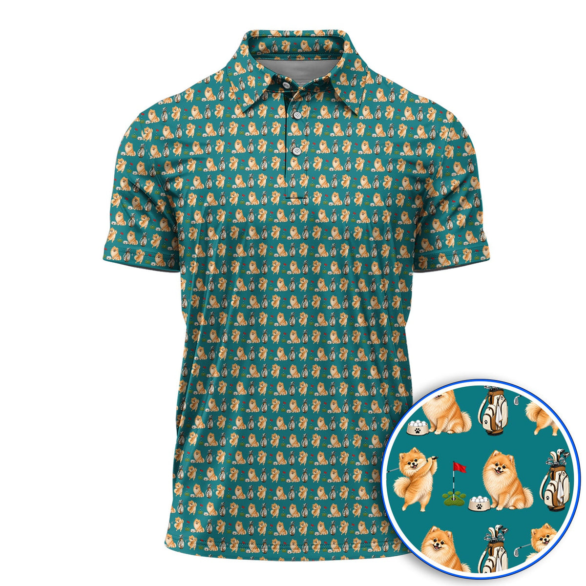 Pomeranian Pattern Golf Polos, Pomeranian Dog Golf Shirt, Golf Gift For Golfer