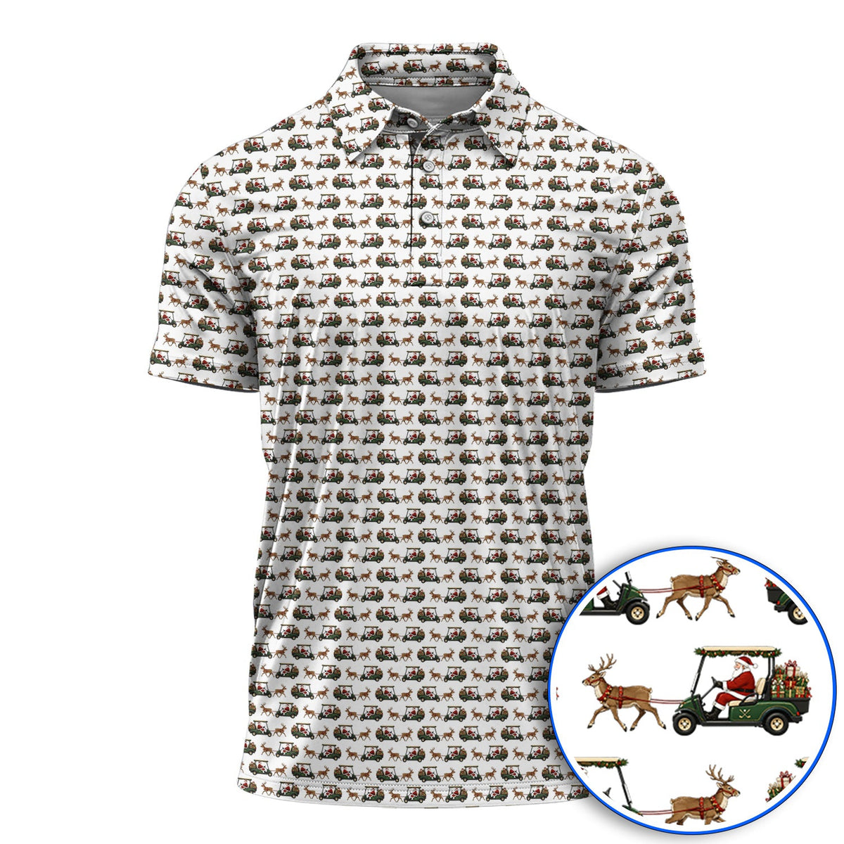 Santa Reindeer Golf Cart Polos, Xmas Pattern Golf Shirt, Crazy Christmas Golf Gift