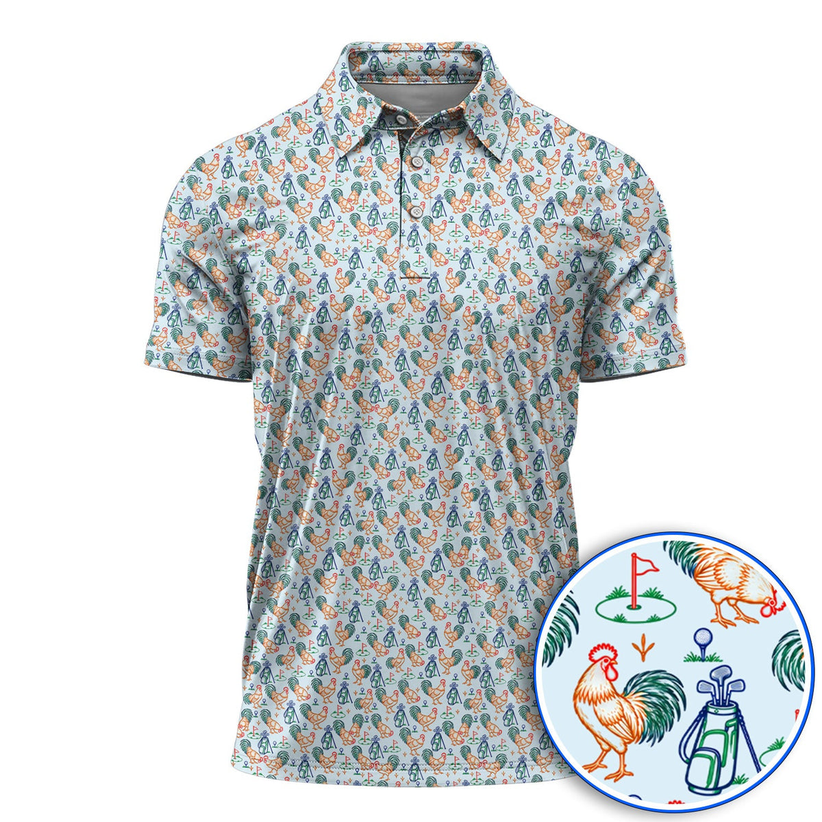 Colorful Rooster Golf Polos, Rooster Pattern Golf Shirt For Chicken Lovers, Funny Golf Gift for Golfers