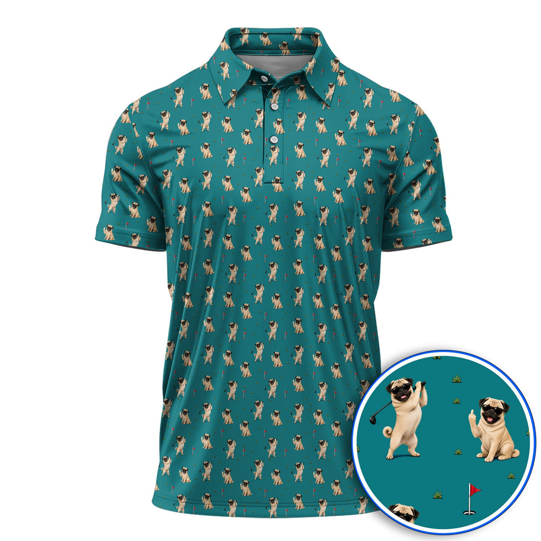 Pug Pattern Golf Shirt, Funny Pug Golf Polos, Crazy Golf Gift For Golfer