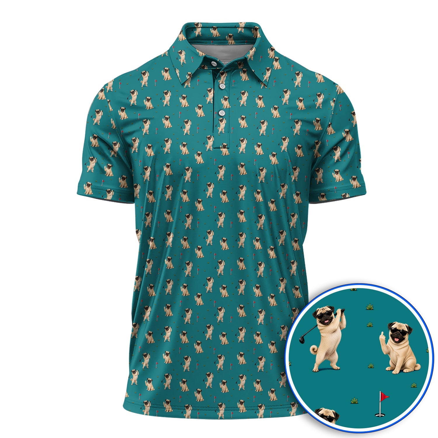Pug Pattern Golf Shirt, Funny Pug Golf Polos, Crazy Golf Gift For Golfer