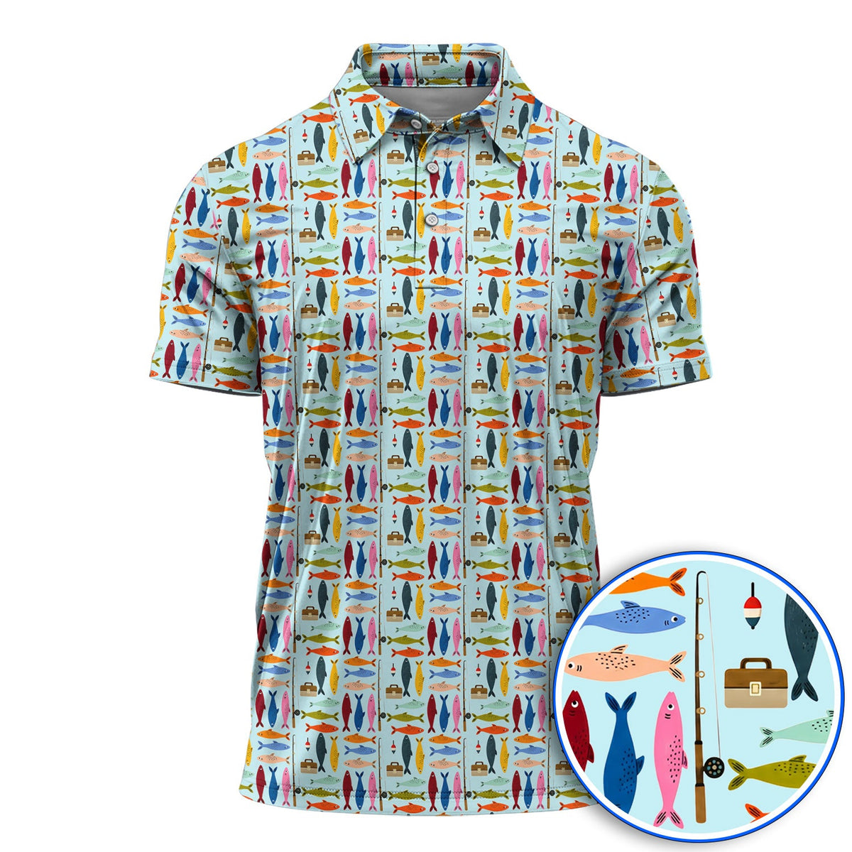 Colorful Fish Pattern Golf Polos, Fishing Rod Pattern Golf Polos, Crazy Golf Gift For Anglers and Fishermen
