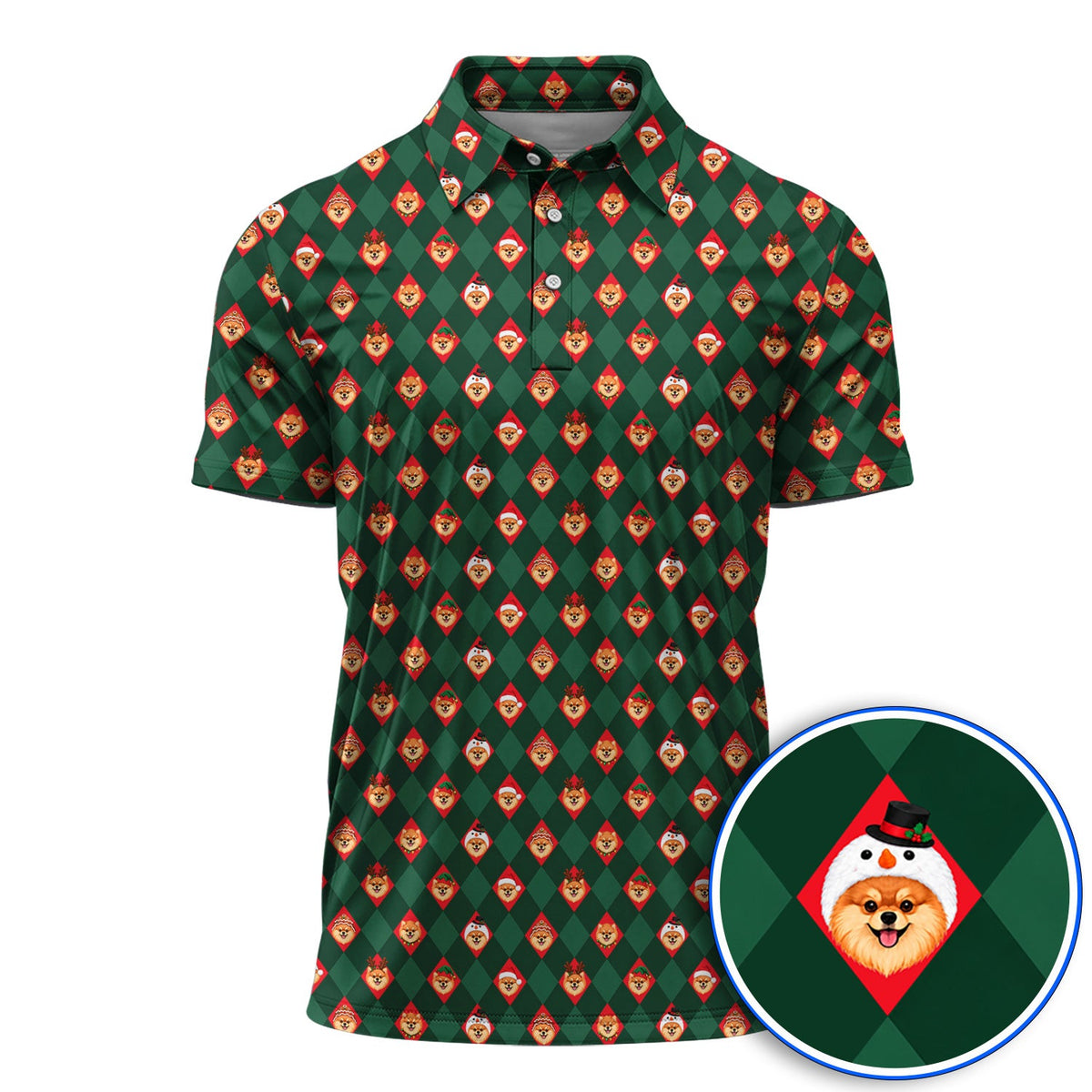 Christmas Pomeranian Golf Polos, Green Argyle & Santa Dog Pattern Golf Shirt, Xmas Golf Gift For Golfer