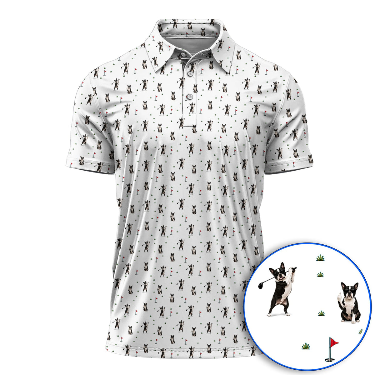 Boston Terrier Pattern Golf Shirt, Crazy Boston Terrier Golf Polos, Golf Gift For Golfer