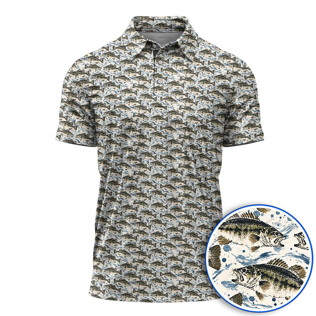 Gyotaku Bass Fishing Golf Shirt, Vintage Japanese Fish Pattern Golf Polos, Golf Gift For Fishing Lovers