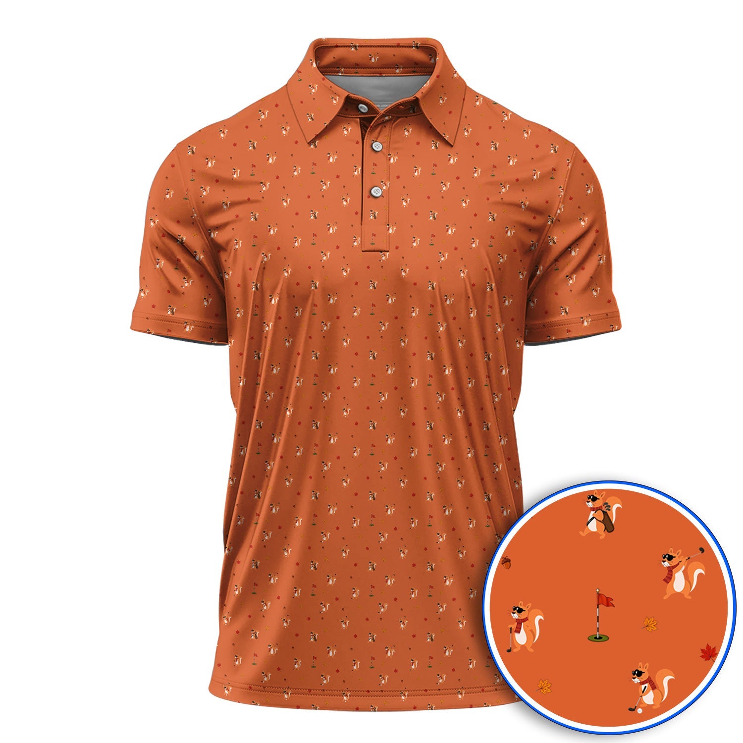 Fall Pattern Golf Polos, Autumn Squirrel Golf Shirt, Crazy Golf Gift For Golfer