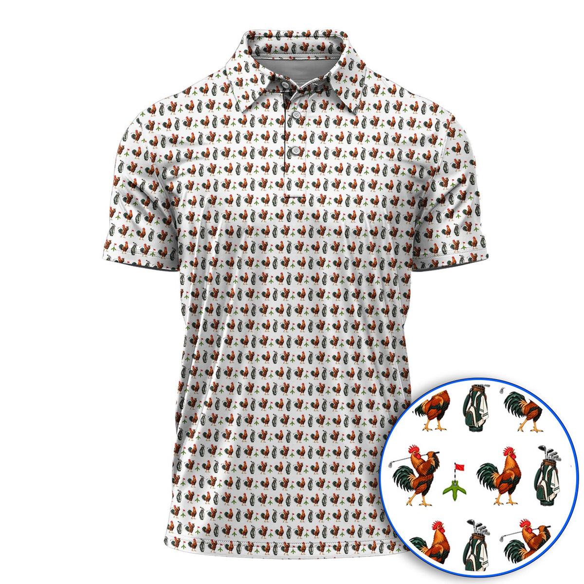Funny Rooster Golf Polos, Rooster Pattern Golf Shirt For Chicken Lovers, Golf Gift For Golfers