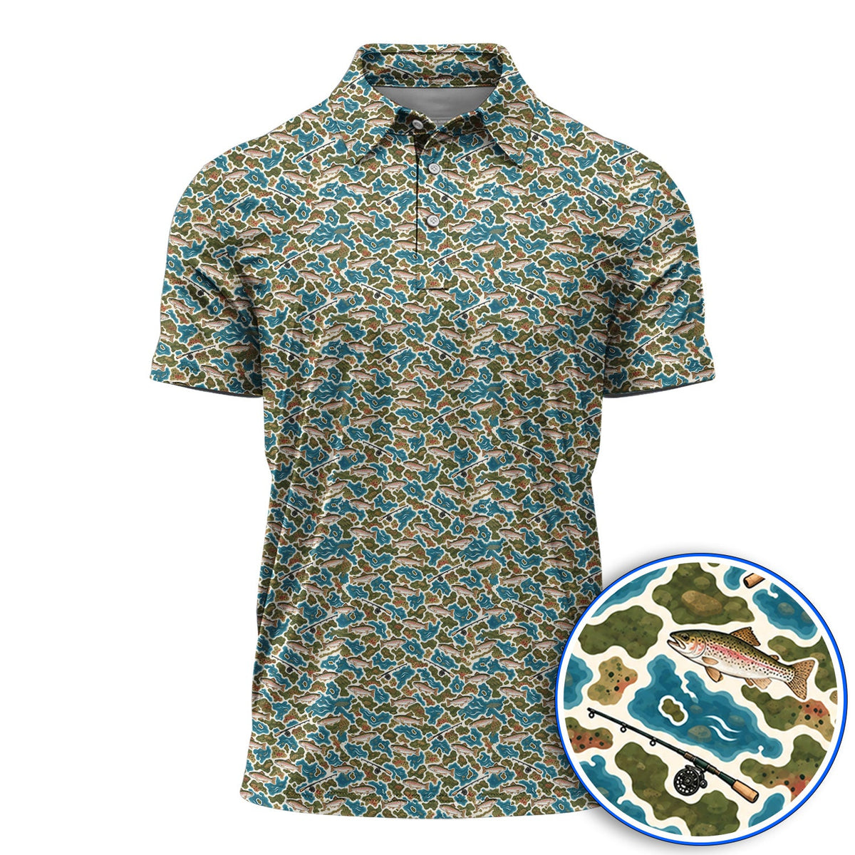 Rainbow Trout Fly Fishing Golf Shirt, Crazy Camo Fish Pattern Golf Polos, Outdoor Golf Apparel Gift for Trout Fishing Lovers