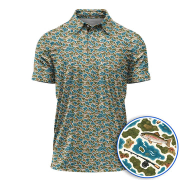 Rainbow Trout Fly Fishing Golf Shirt, Crazy Camo Fish Pattern Golf Polos, Outdoor Golf Apparel Gift for Trout Fishing Lovers