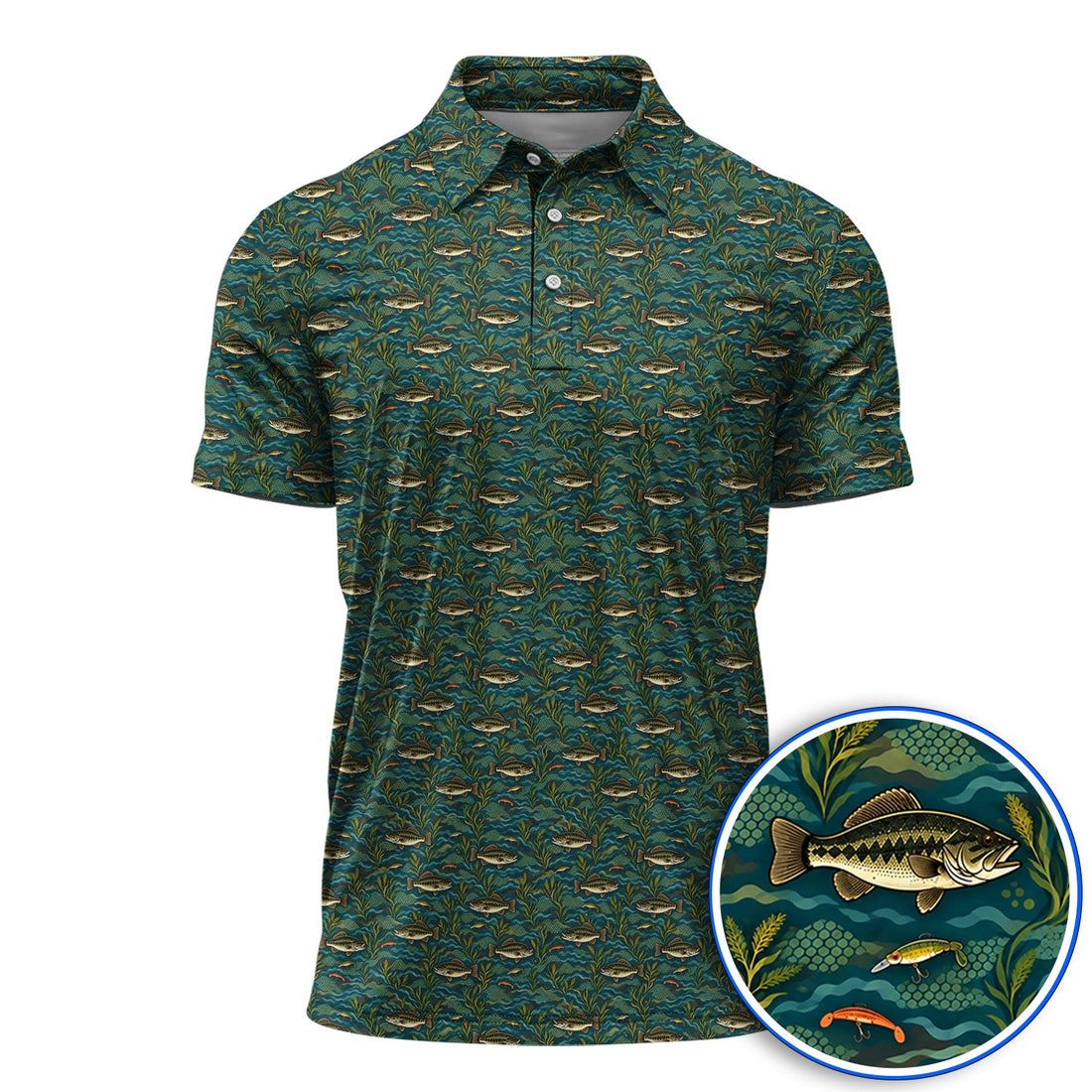 Crazy Bass Fishing Golf Shirt, Fishing Bass & Rod Pattern Golf Polos, Golf Gift For Golfers