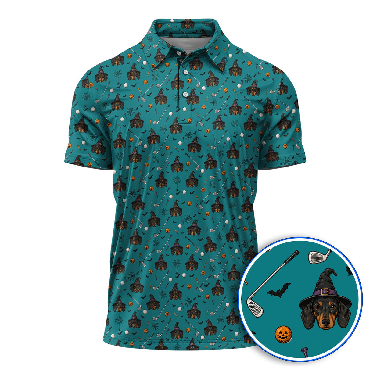 Witch Dachshund Golf Polos, Halloween Wiener Dog Pattern Golf Shirt, Golf Gift for Golfer