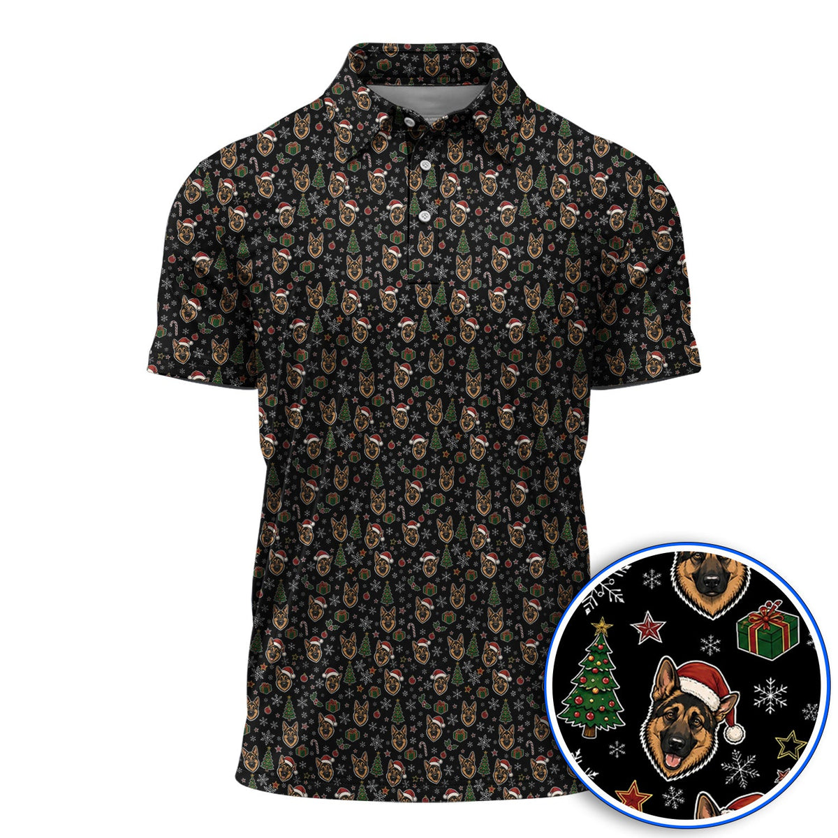 Funny German Shepherd Christmas Golf Shirt, German Shepherd Pattern Golf Polos, Xmas Golf Gift For Golfer