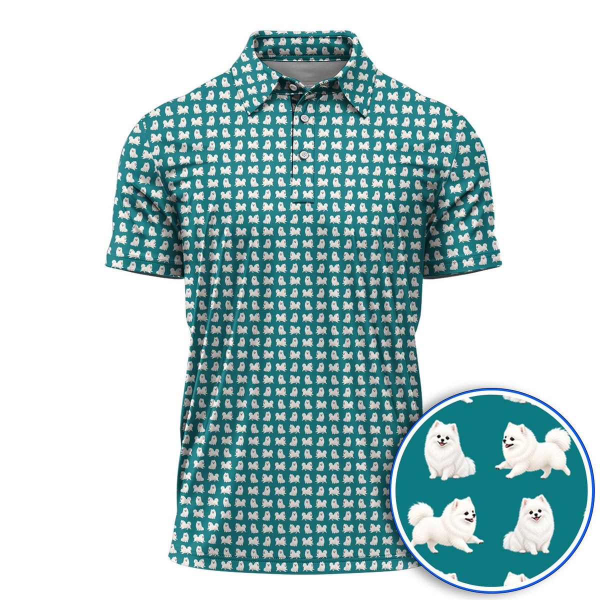 White Pomeranian Pattern Golf Polos, Cute Pomeranian Dog Golf Shirt, Crazy Golf Gift For Golfer