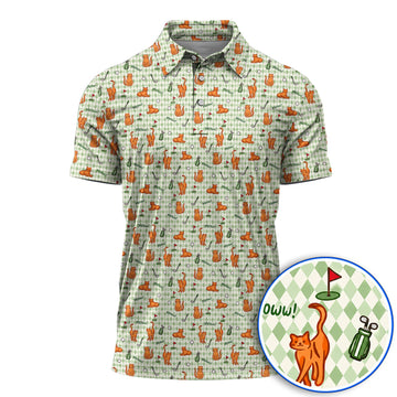 Cute Orange Cat Golf Shirt, Meow Cat And Golf Pattern Polos, Funny Cat Golf Gift For Golfer