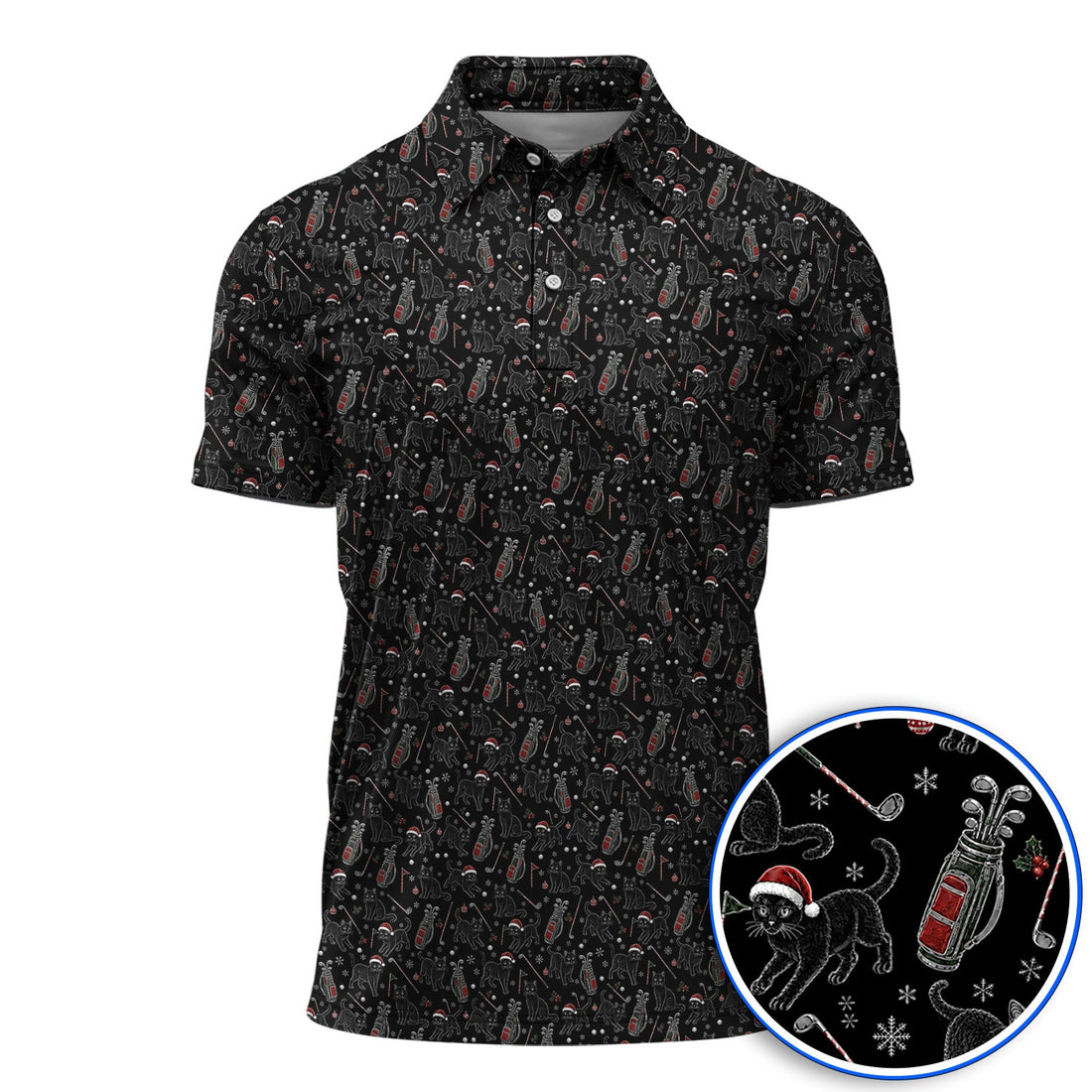 Funny Black Cat Christmas Golf Polos, Holiday Pattern Golf Shirt, Xmas Golf Gift For Golfers