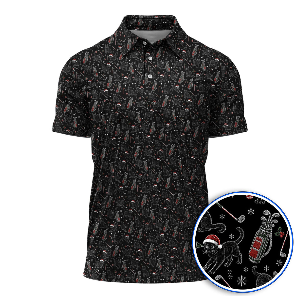 Funny Black Cat Christmas Golf Polos, Holiday Pattern Golf Shirt, Xmas Golf Gift For Golfers