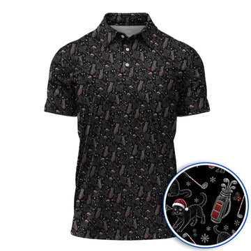 Funny Black Cat Christmas Golf Polos, Holiday Pattern Golf Shirt, Xmas Golf Gift For Golfers