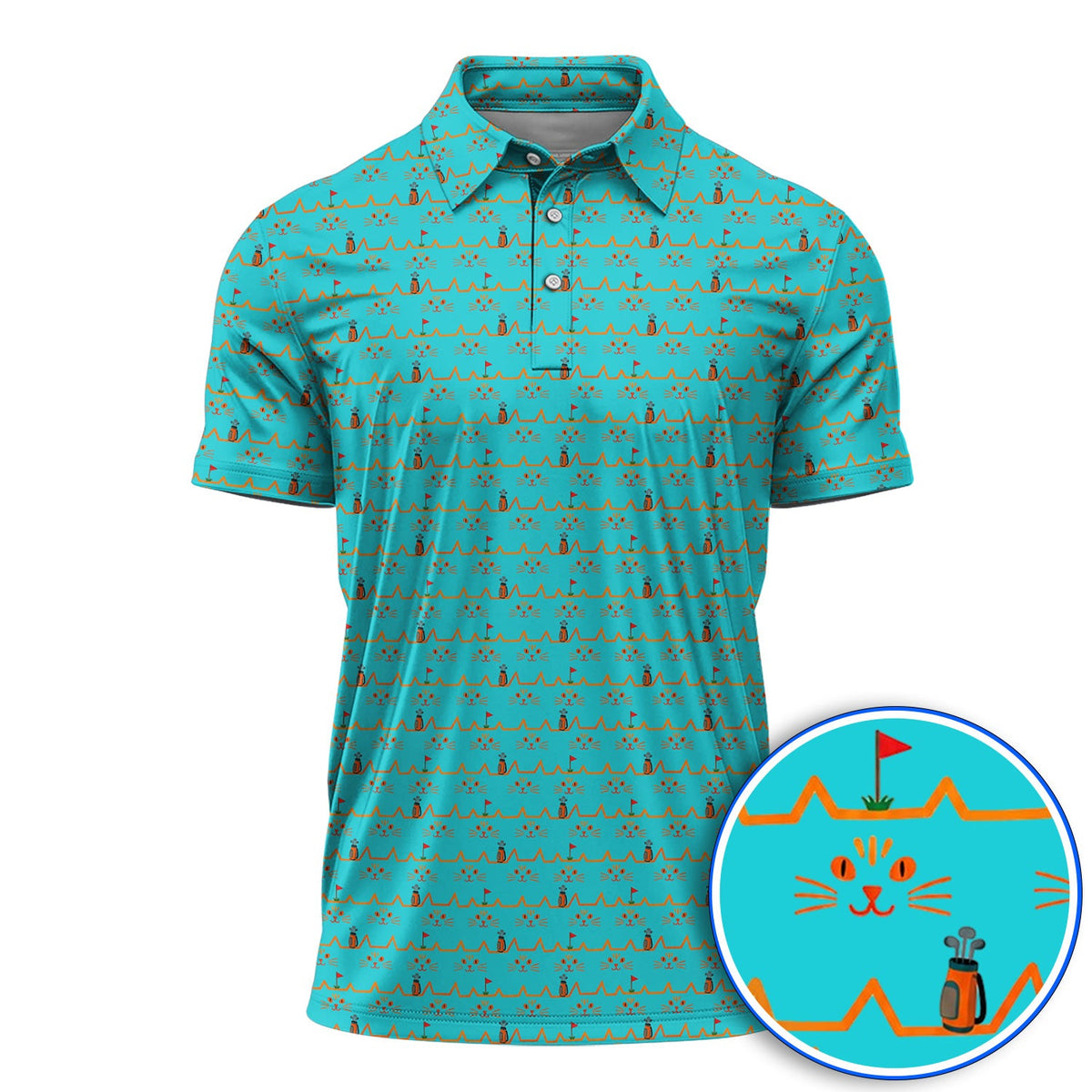 Cat Lover Golf Shirt, Turquoise Cat Face & Golf Bag Pattern Golf Polos, Funny Kitty Golf Gift for Golfers