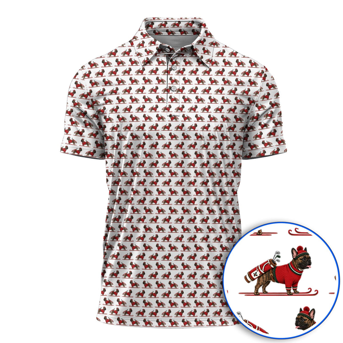 French Bulldog Holiday Golf Polos, Christmas Dog Pattern Golf Shirt, Festive Golf Gift for Golfers