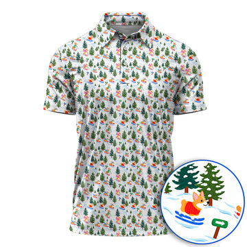 Corgi Christmas Golf Polos, Xmas Corgi Pattern Golf Shirt, Funny Golf Gift For Golfers