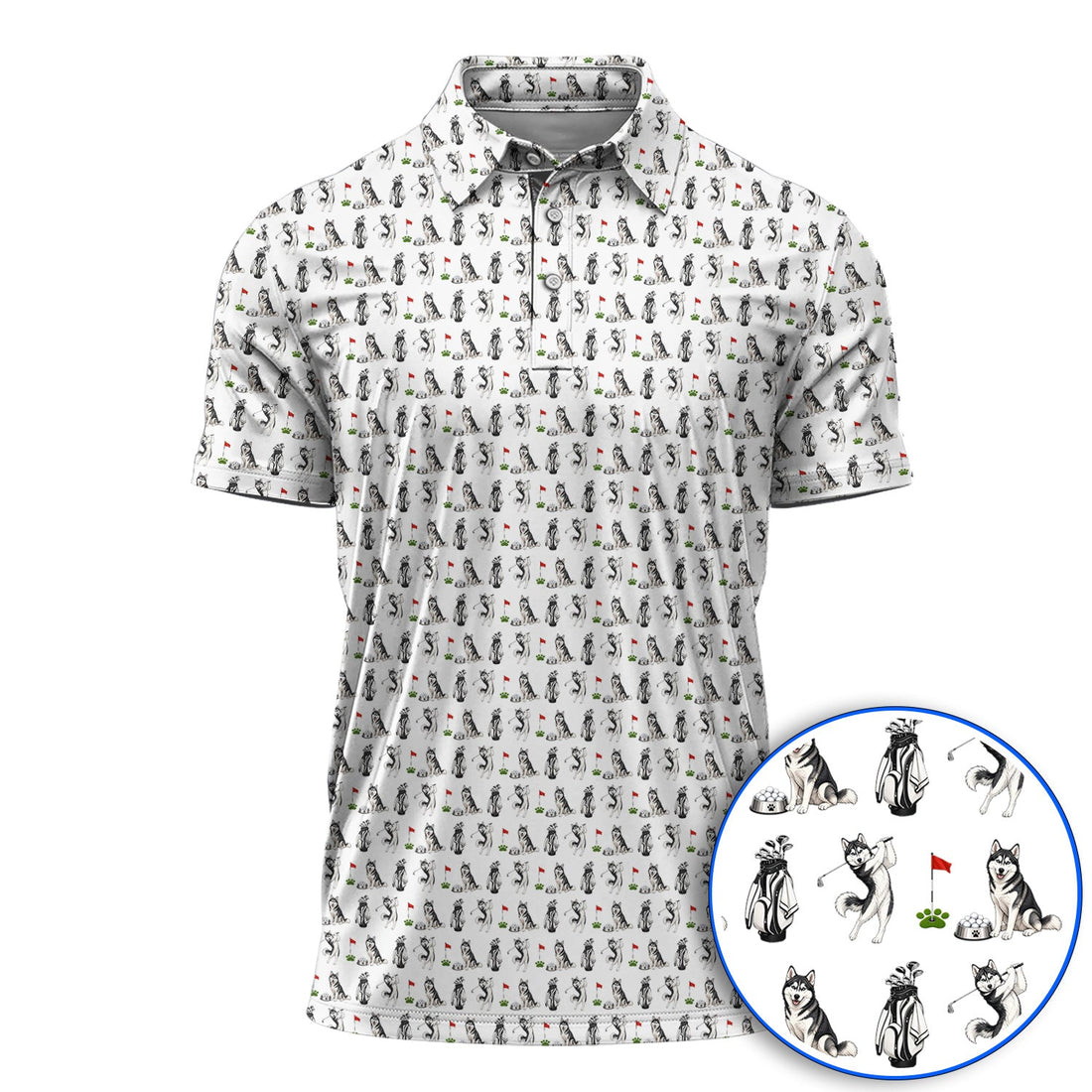 Funny Husky Golf Polos, Husky Sibir Pattern Golf Shirt For Dog Lover, Golf Gift For Golfer
