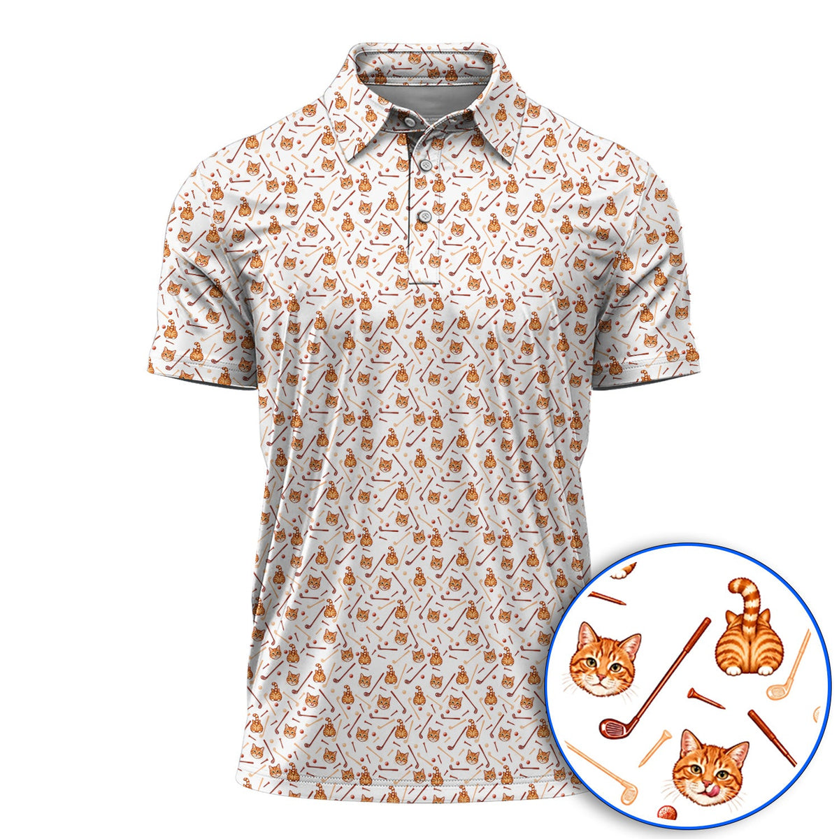 Orange Tabby Cat Golf Shirt, Funny Cat Butt & Golf Pattern Polos, Unique Golf Apparel Gift for Cat Lovers