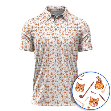 Orange Tabby Cat Golf Shirt, Funny Cat Butt & Golf Pattern Polos, Unique Golf Apparel Gift for Cat Lovers