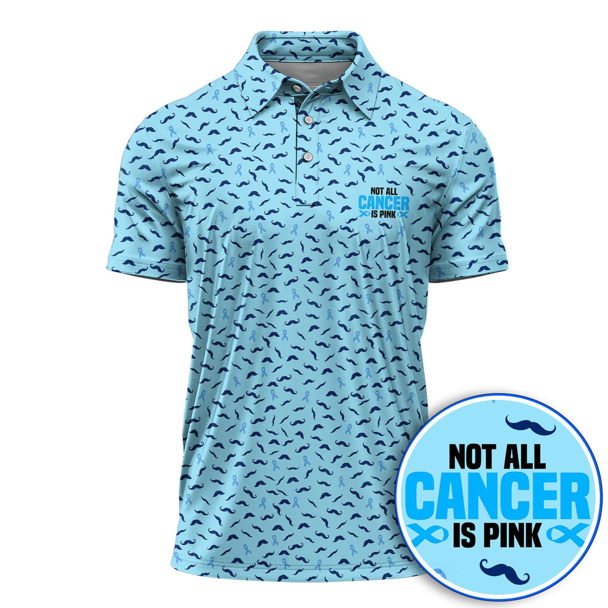 Prostate Cancer Awareness Golf Shirt, Blue Ribbon Mustache Pattern Golf Polos, Support Gift for Golfers
