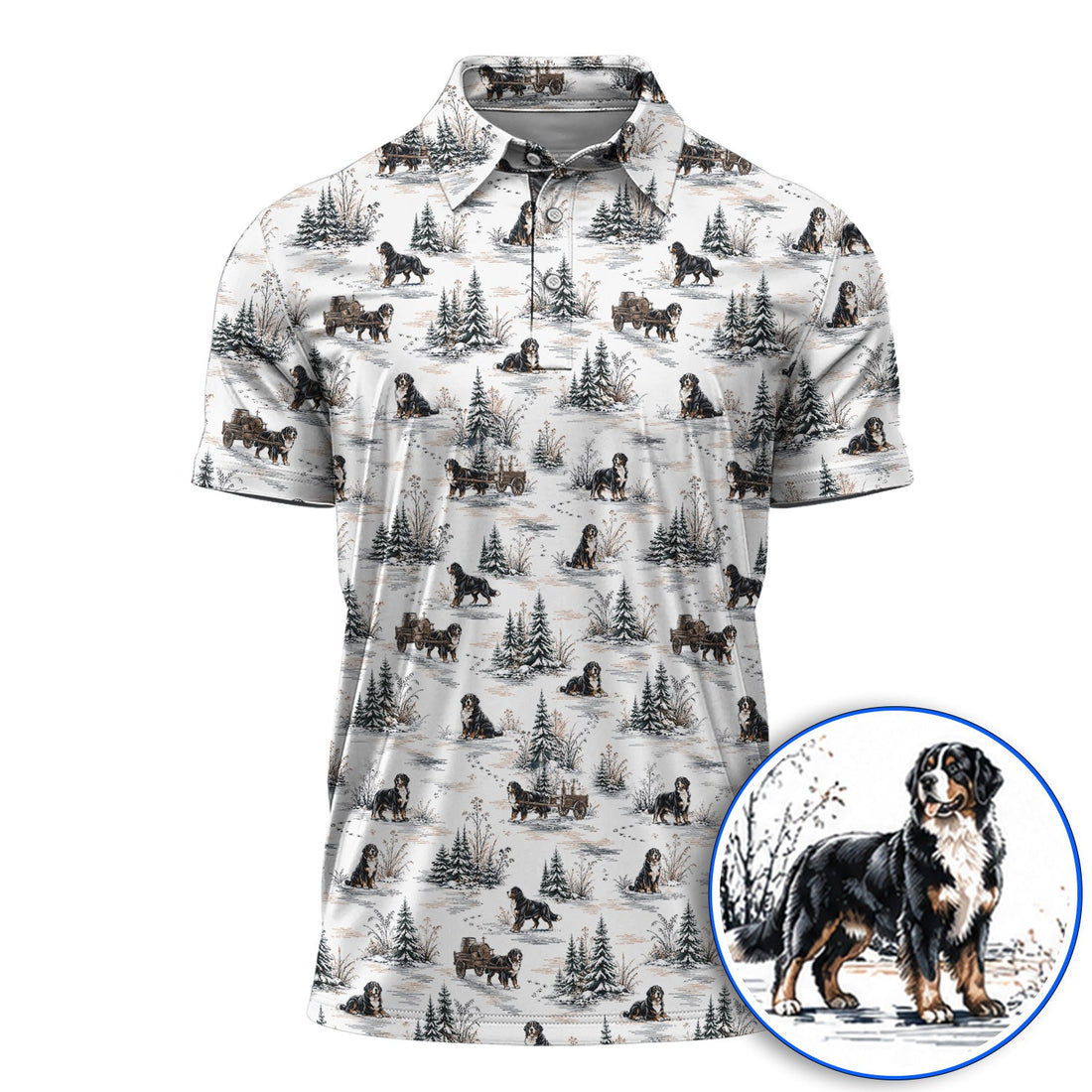 Bernese Mountain Pattern Golf Polos, Snowy Bernese Dog Golf Shirt, Dog Lover Golf Gift
