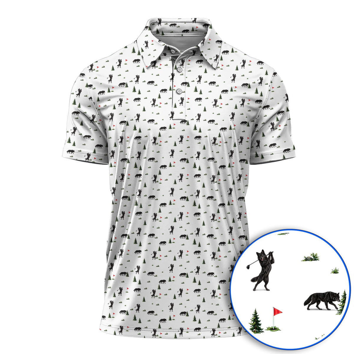 Black Wolf Pattern Golf Polos, Crazy Wolf Golf Shirt, Wilderness Golf Gift for Golfers