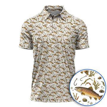 Funny Brown Trout Fishing Golf Polos, Vintage Trout & Fly Fishing Pattern Golf Shirt, Golf Gift For Golfer