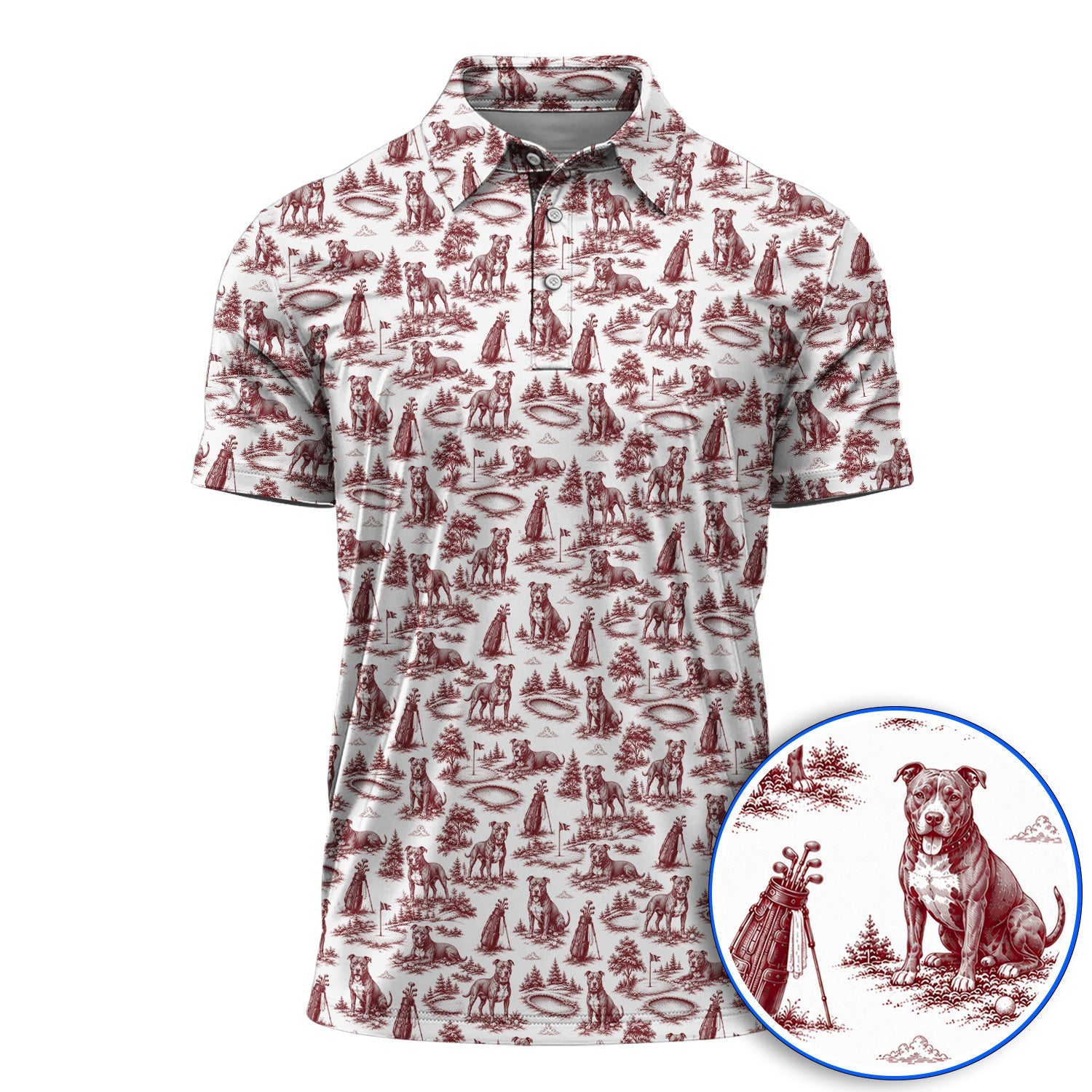 Crazy Pit Bull Golf Polos For Golfer, Toile de Jouy Pit Bull Pattern Golf Shirt, Dog Lover Golf Gift