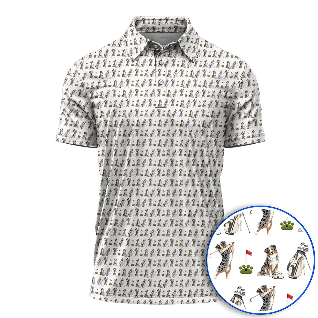 Australian Shepherd Pattern Golf Polos, Aussie Dog Golf Shirt, Crazy Golf Gift For Golfer