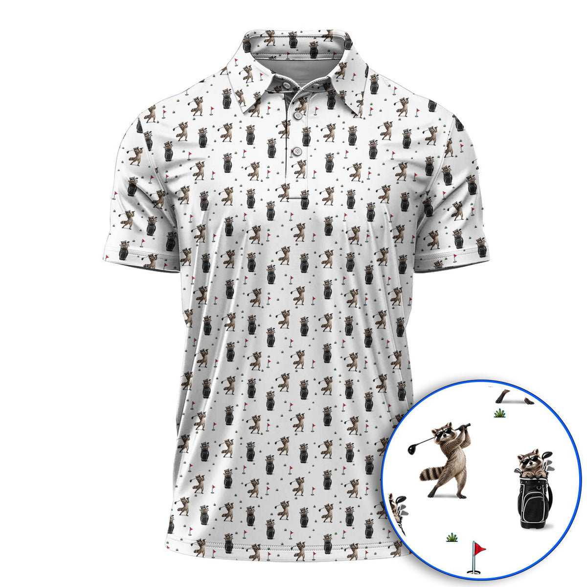 Raccoon Golf Polos, Funny Raccoon Golf Pattern Shirt, Cute Golf Animal Gift For Golf Lovers