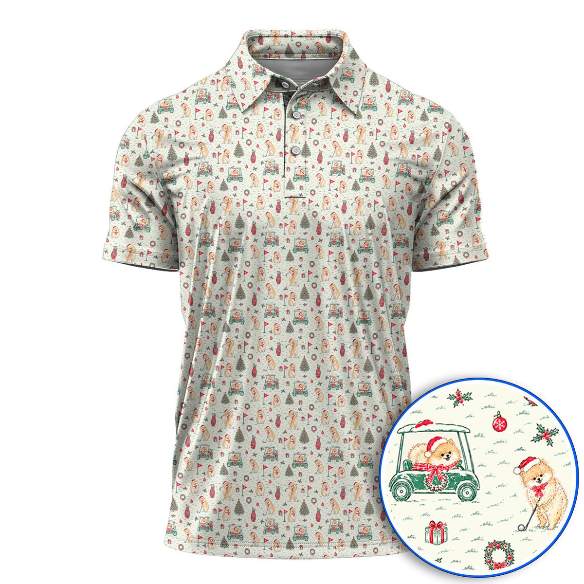Funny Xmas Pomeranian Golf Shirt, Pom Dog & Holiday Golf Cart Pattern Polos, Christmas Golf Gift For Dog Lovers