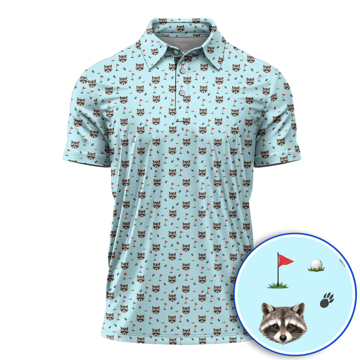 Funny Raccoon Golf Polos, Raccoon Pattern Golf Shirt, Golf Gift For Golfers