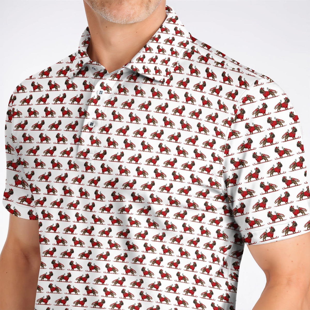 French Bulldog Holiday Golf Polos, Christmas Dog Pattern Golf Shirt, Festive Golf Gift for Golfers